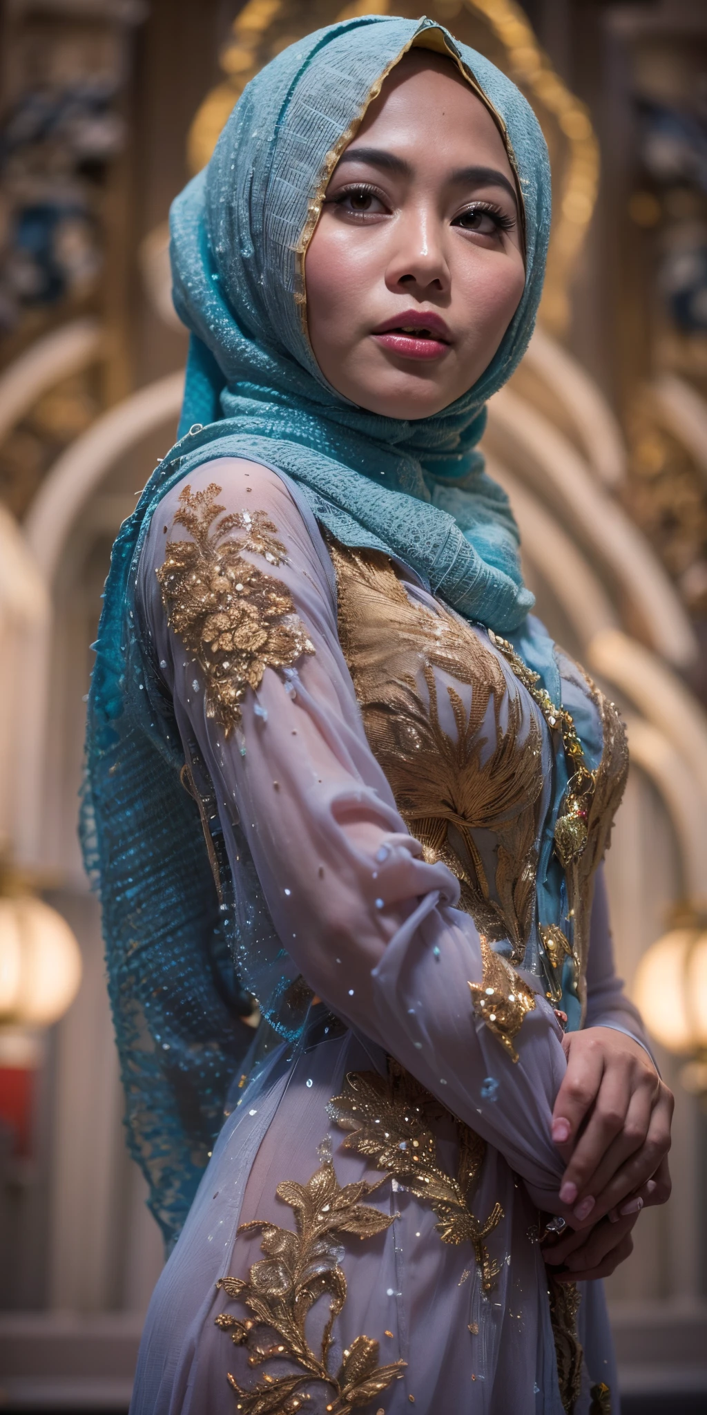 1 matured malay girl in hijab wear kebaya, china traditional temple street, nighttime, professional lighting, upper body,close-up, seducing, sexy pose, (8k, RAW photo, best quality, masterpiece:1.2),(realistic, photo-realistic:1.37), 8k, high quality, ultra detail,