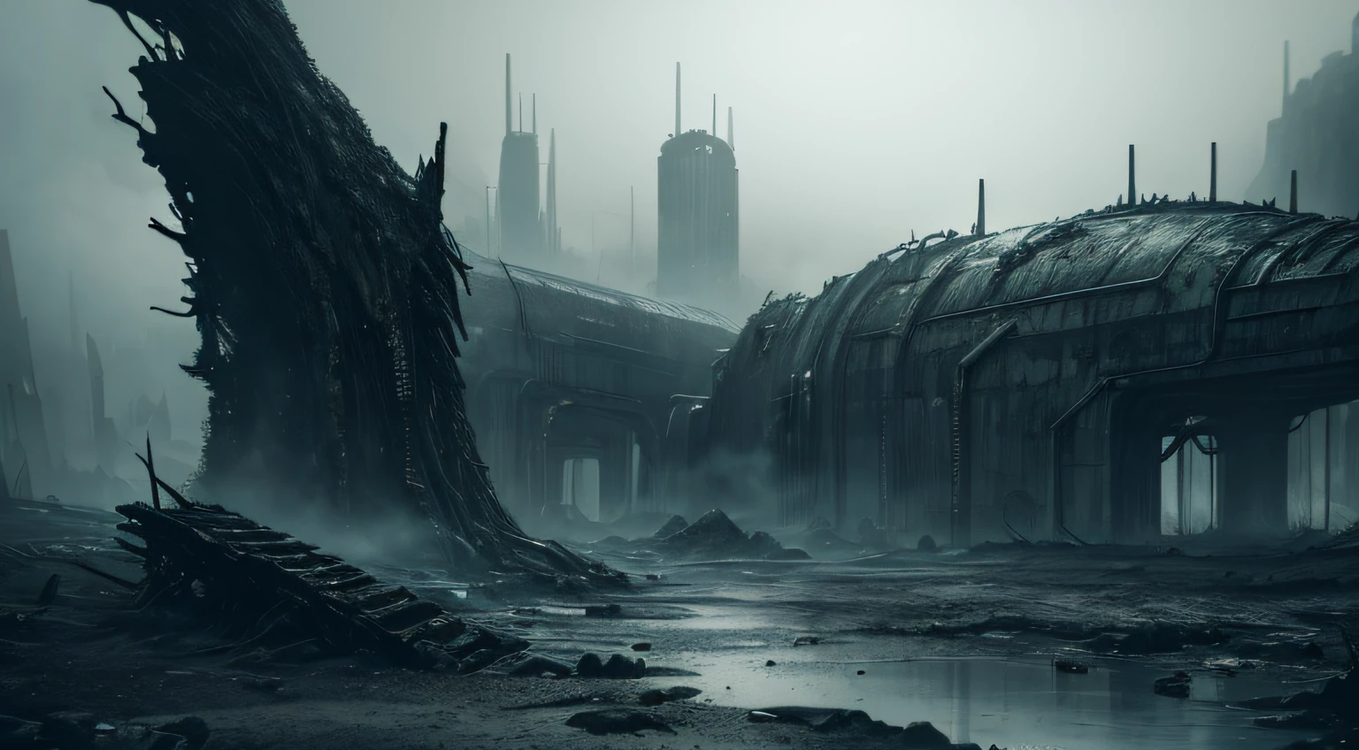((gloomy biopunk landscape)), gloomy cold lighting, (scorn videogame style), horror atmosphere, (presence of something terrible), highly detailed biopunk background, background by Hans Giger, perfect ???????, masterpiece