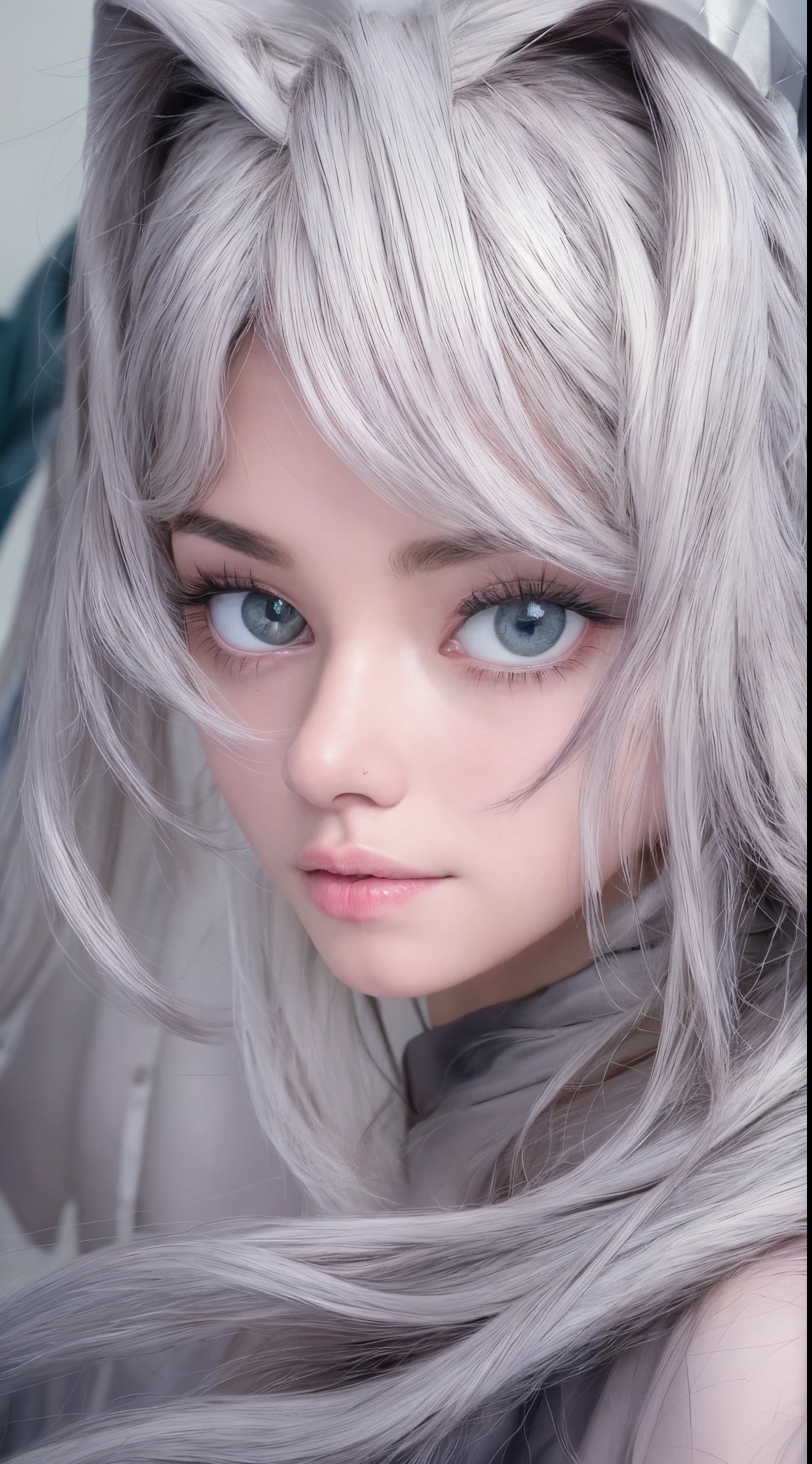 (very cute girl) , like mira filzah face, (raw photo:1.2), ((17 years old)), (photorealistic:1.4), russia mix korea hyper white skin, realistic skin texture, pale skin, very detailed eyes and face, beautiful detailed eyes, turkish nose, super detailed, high resolution, very detailed, masterpiece,unified, 48k wallpaper, amazing, Fine details, masterpiece, best quality, ((Tight F cup breasts size)), straight long hair, (extra long hair : 1.5), dark brown hair, elegant hair style, light on face, cinematic lighting, 1girl, perfect body, slim abs, skinny, ((1 malay girl , beautiful face)), hyper realistic bright lighting, realistic shadow, ((wearing a twisted pajamas, purple color pajamas)), ((perfectly composition)), dynamic poses, dynamic shot angle, (All grey background)