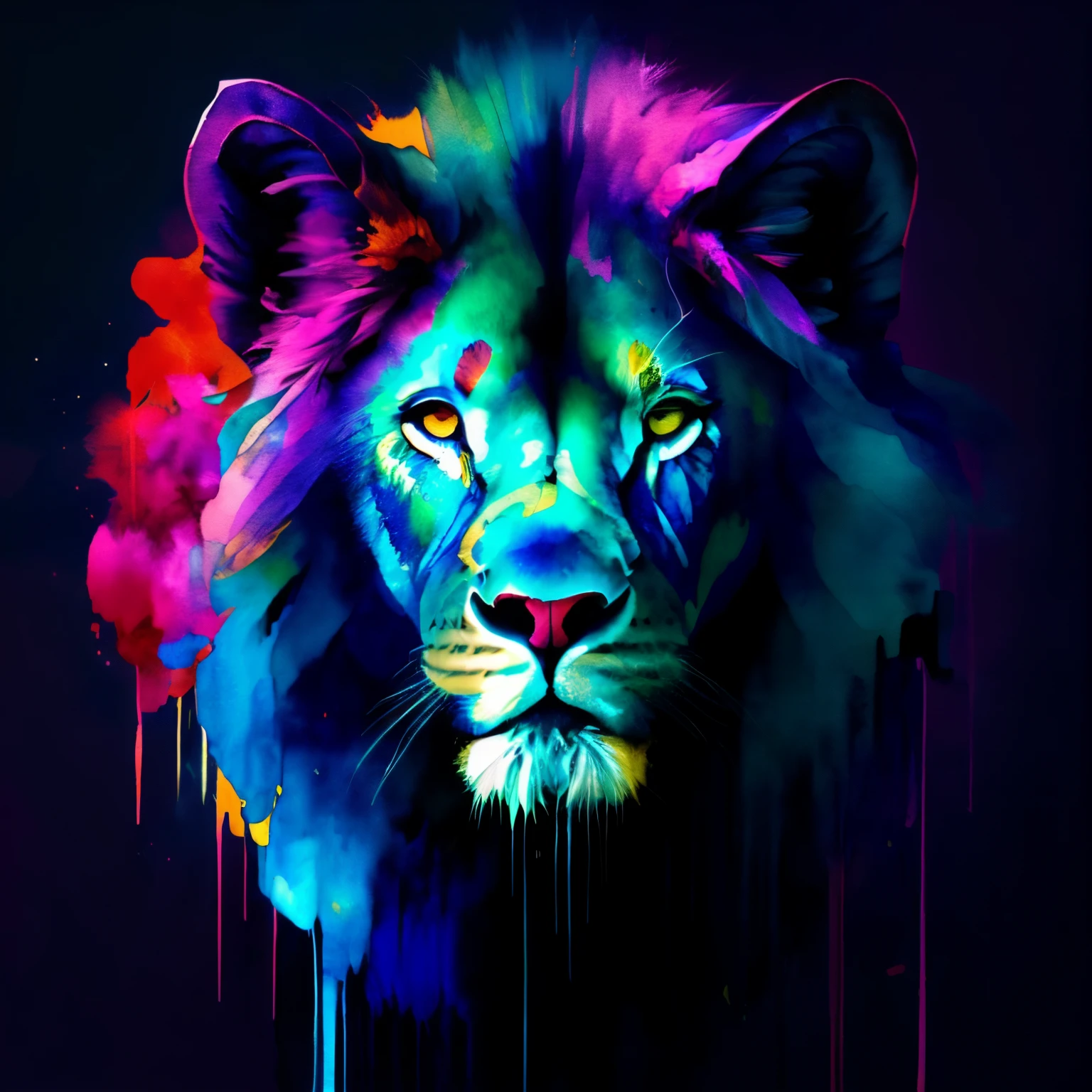 wtrcolor style, Digital art of a lion, official art, masterpiece, Beautiful, ((watercolor)), paint splatter, intricate details. Highly detailed, detailed, [dripping:0.5], Trending on artstation, by Rachel Walker, looking like a real painting, centered, frontal, animal, vibrant colours, detailed eyes, paint dripping, black canvas, centered, brush strokes, looking straight in the camera, extra paint splatters, facing the front, a lot of paint dripping