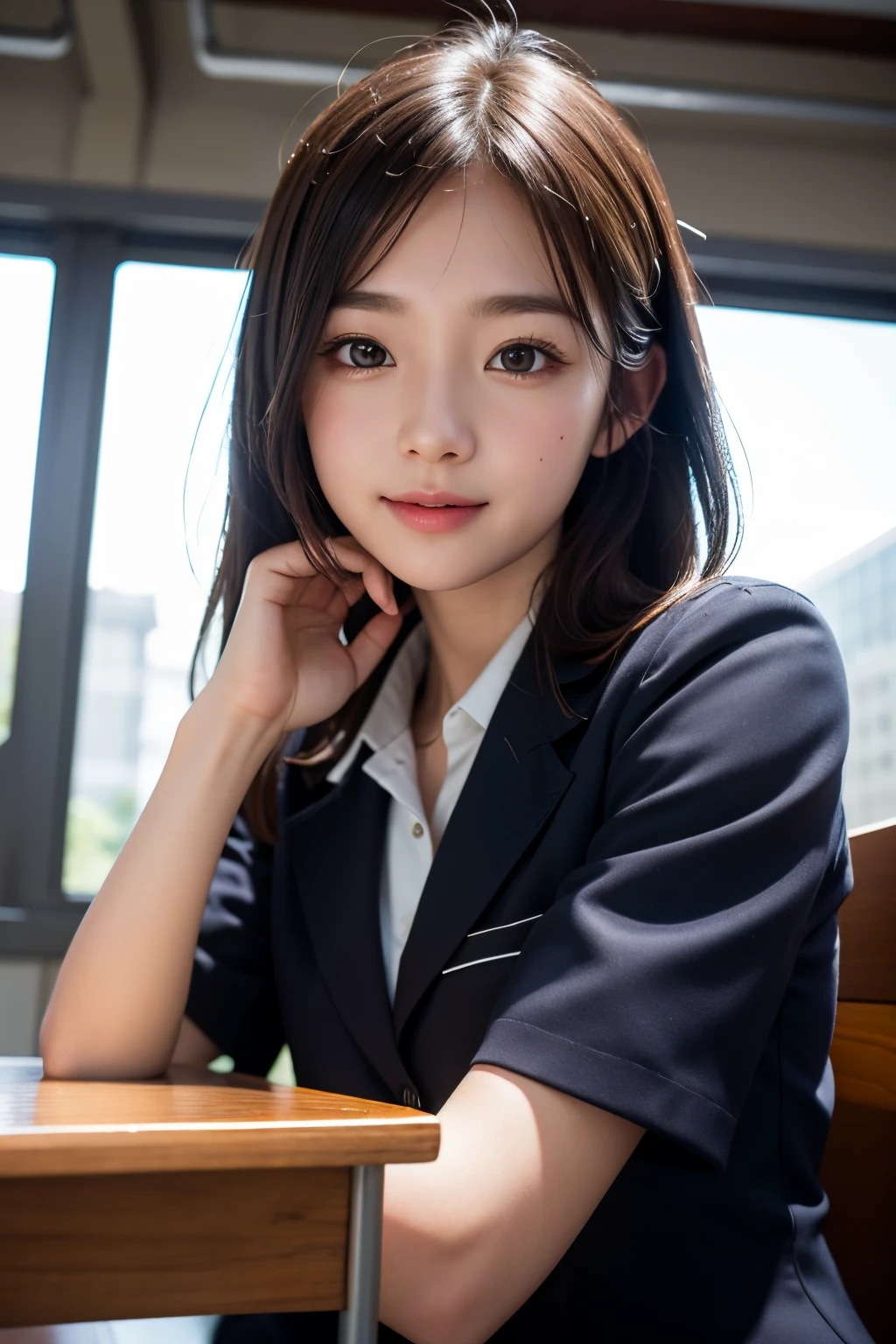 NSFW, masutepiece, Best Quality, 8K, 8years old, Teen, Raw photo, absurderes, award winning portrait, Smile, Solo, (Night:1.8), Idol face, Delicate girl, Upper body, Digital SLR, Looking at Viewer, Candid, Sophisticated,Thin arms, Professional Lighting, Film grain, chromatic abberation, (Eyes and faces with detailed:1.0), (Formal skirt:1.2) , (Formal vest:1.2), closes mouth , A dark-haired , drooing eyes , Average-sized breasts