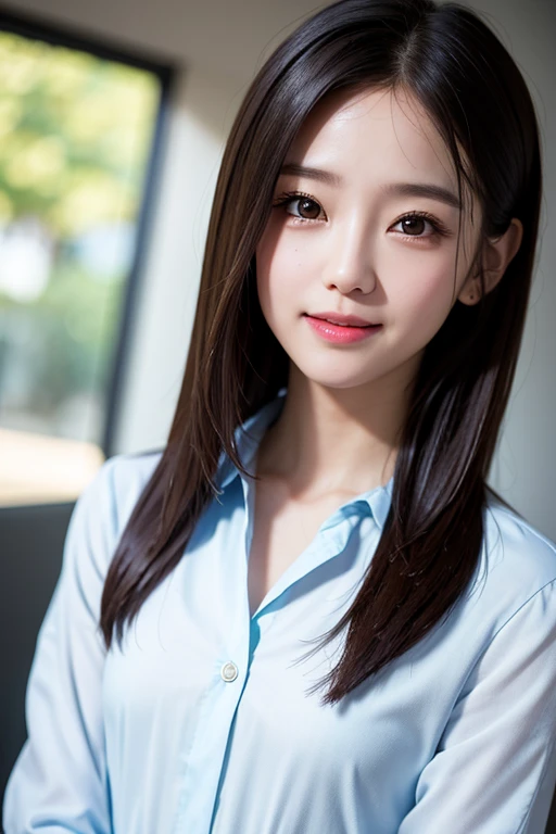 a closeup, masterpiece, top-quality, Raw foto, Photorealsitic, A smile, beautiful a girl, cute little, length hair, depth of fields, hight resolution, ultra-detailliert, detaile, extremely detailed eye and face, Sharp pupils, Realistic pupils, foco nítido, Cinematic lighting、office lady suit、The upper part of the body、