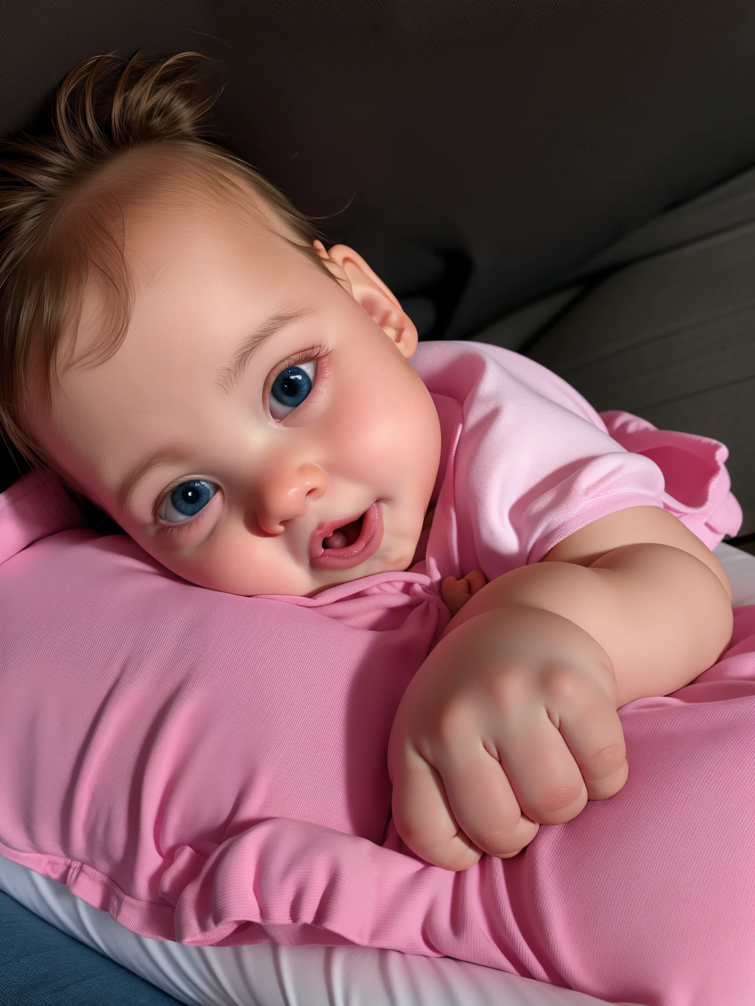 there is a blue-eyed baby lying on a pink maternity pillow, holding it out to the camera, looks directly at camera, looking to the side off camera,