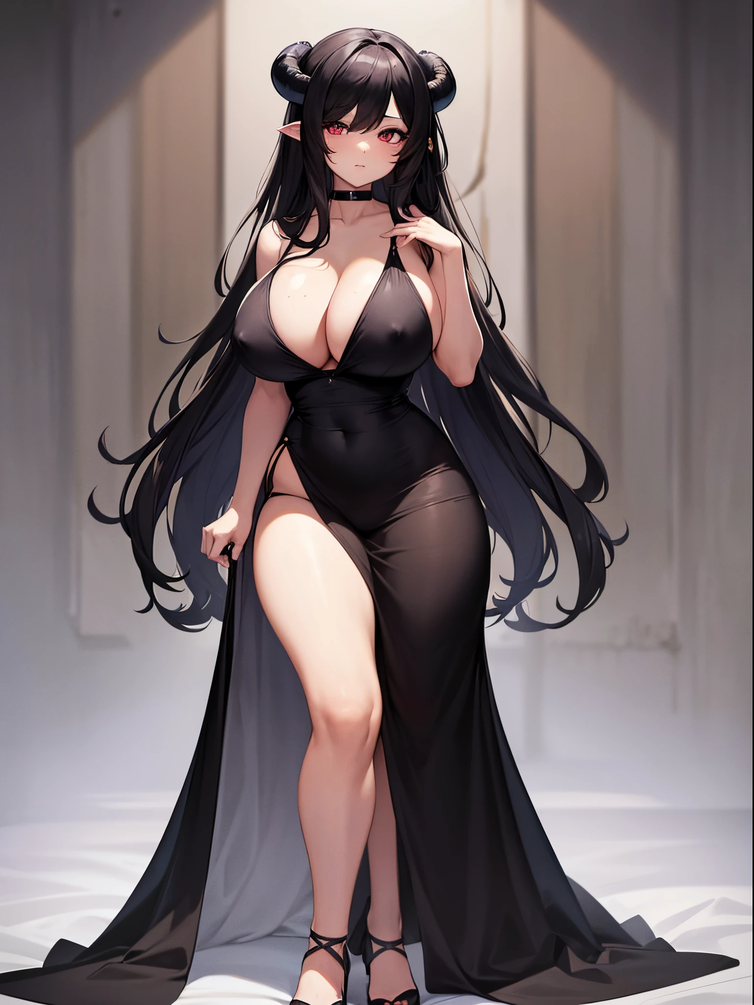 Masterpiece, best quality, ultra high res, 8k, 1girl, demon, big breast, nipples, long black dress, thighs, black choker, long black hair, cute, one eye, ((puffy eyes)), looking at viewer, full body