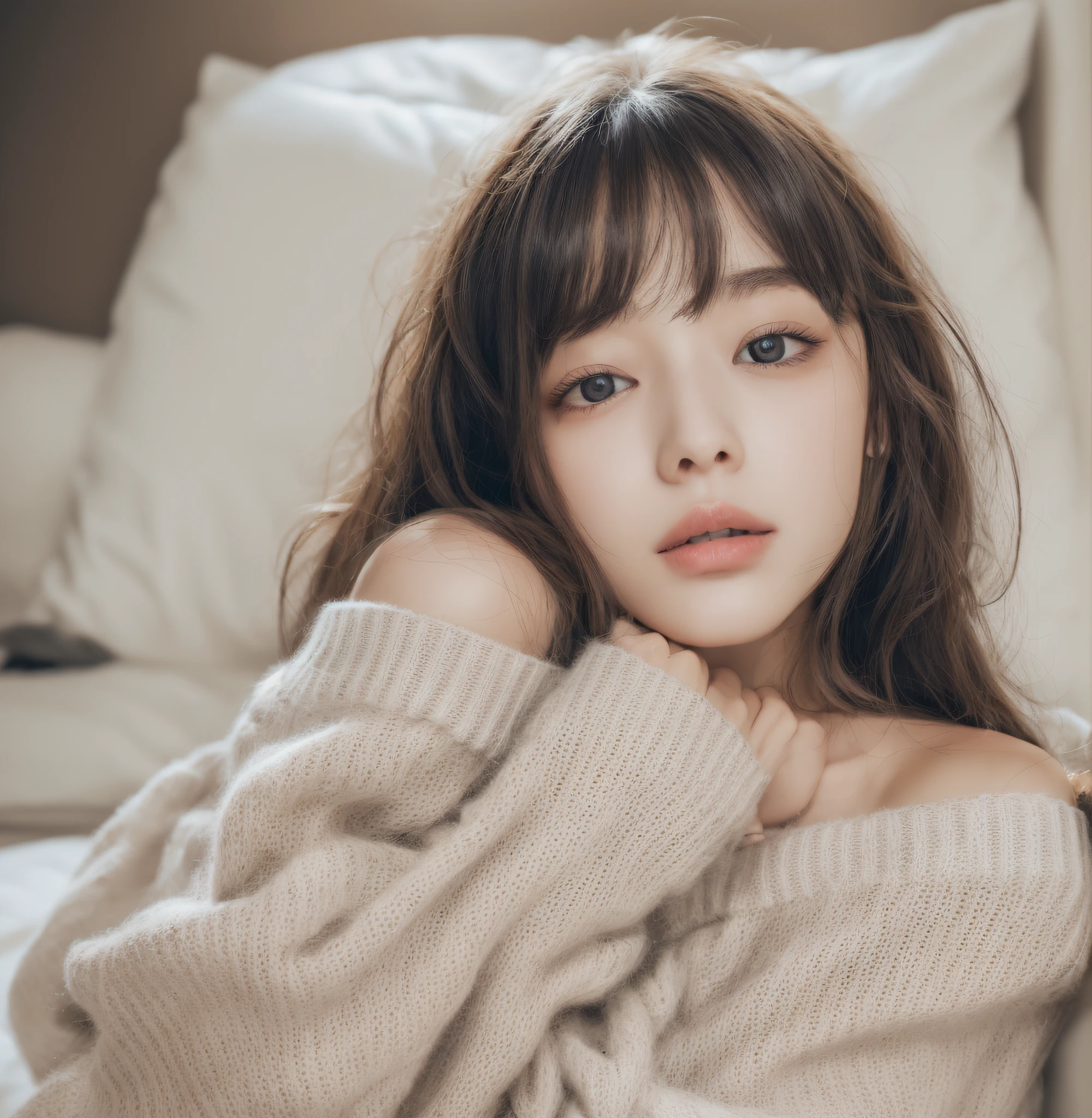 drunk eyes 1girl, Bedrooms,Sleeping in bed, off-the-shoulder sweater, Full body