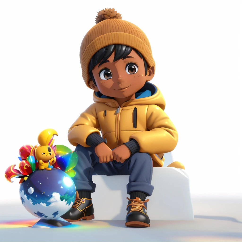 um ((menino 4 anos de idade)), ((pele morena clara)), vestindo um traje de inverno, intrincado, elegante, foco claro, sentado em um banco coberto de neve, promotional render, animation character, official illustration, Personagem 3D, Personagem 3D, Foto do perfil, Arte Oficial, 3 d animated movie, Arte Oficial, award winning animation, animated film, official rendering, Arte Promocional, Personagens 3D, arte conceitual do menino solteiro, 3D estilizado