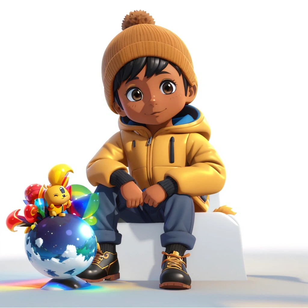 um ((menino 4 anos de idade)), ((pele morena clara)), vestindo um traje de inverno, intrincado, elegante, foco claro,  sentado em um banco coberto de neve, promotional render, animation character, official illustration, Personagem 3D, Personagem 3D, Foto do perfil, Arte Oficial, 3 d animated movie, Arte Oficial, award winning animation, animated film, official rendering, Arte Promocional, Personagens 3D, arte conceitual do menino solteiro, 3D estilizado