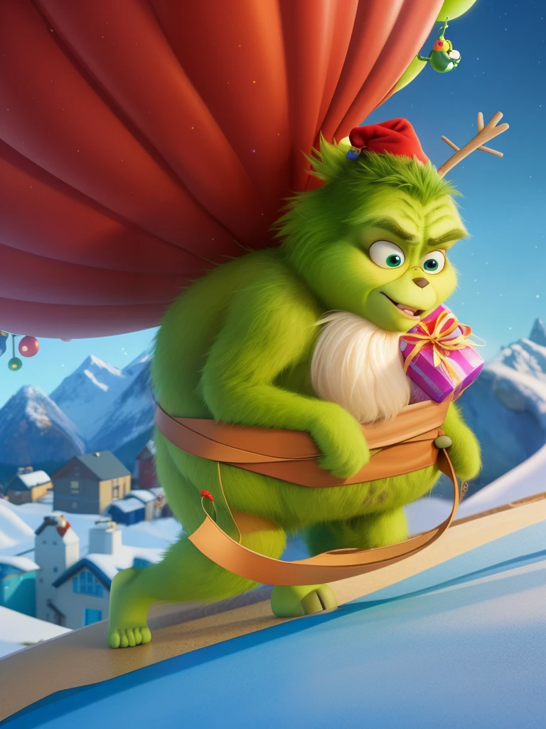 (Close-up of a cartoon character carrying a bag of gifts,cynical face,Green、hairy pubic hair、beer belly、pear shaped、short nose humanoid,cynical face)。The Grinch, Pan. The Grinch, animated cartoon,(Best quality,4K,8K,A high resolution,tmasterpiece:1.2), (actual,realistically,realistically:1.37).