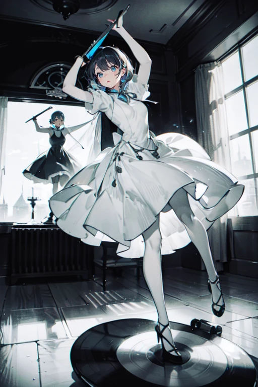 a room、 top-quality, Poses, Correct anatomy, Beautiful body curves, Sketch beech, Daily Draw, vestments, Pencil、black-and-white、monochromes、woman playing a record、Vintage、Wearing a dress
