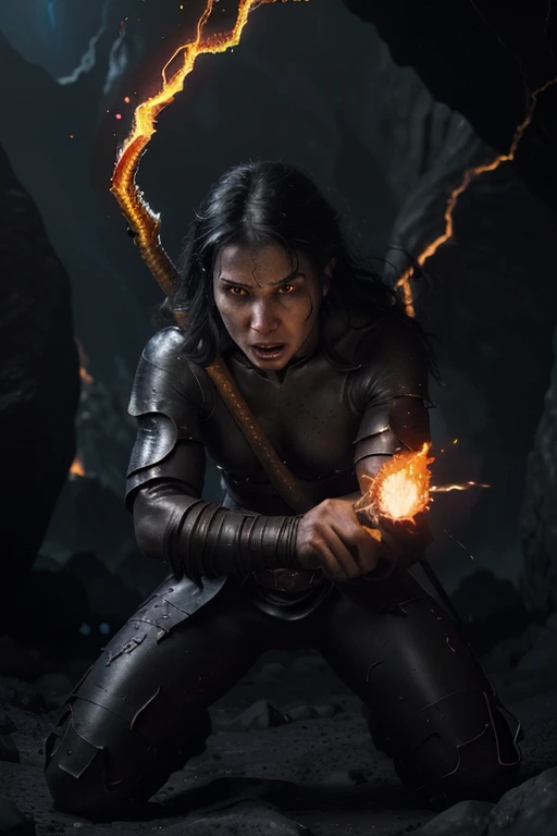 (best quality,4k,highres),black hair mage,young boy,fighting a large scorpion,in a cave,fire spell,shimmering magic,glowing staff,adrenaline surge,dramatic scene,ominous shadows,mysterious runes,ancient carvings,candlelit atmosphere,rock formations,burning embers,crimson flames,fiery sparks,dynamic action scene,mystical aura,desperation,heroic stance,sharp focus,intense battleground,suspenseful encounter,high-impact composition,foreboding atmosphere,dangerous predicament,volatile energy,spellcasting mastery,otherworldly powers,dark cavern,ancient beast,magical confrontation,vivid colors,dynamic lighting,concentrated expression,exhilarating struggle,lifelike details,deep shadows,epic battle