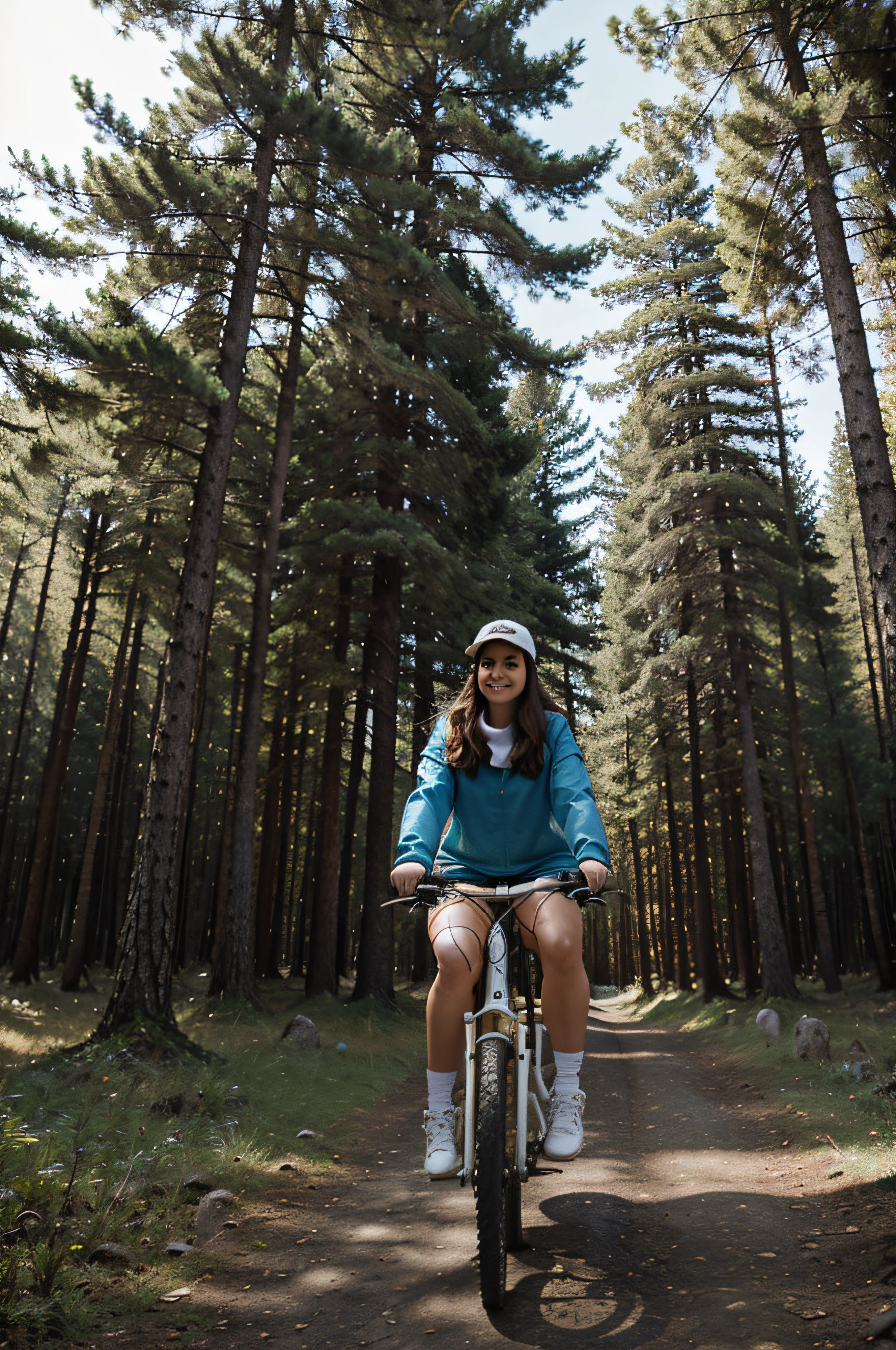 Woman riding bicycle in a forest with gigantic pine trees