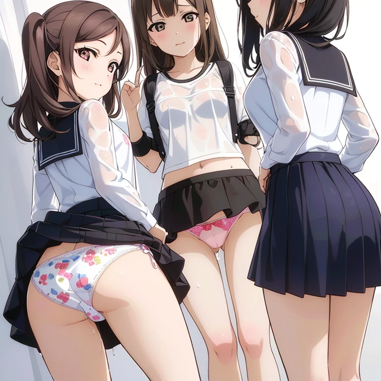 (3girls, girls in lines), (Ultra close distance front ass shot:1.1, focus ass:1.5), ( small hips, thin waist, school costume , skirt lift:1.5, wet:1.5, wet pussy , Chibi girl printed lace panties, on bed),