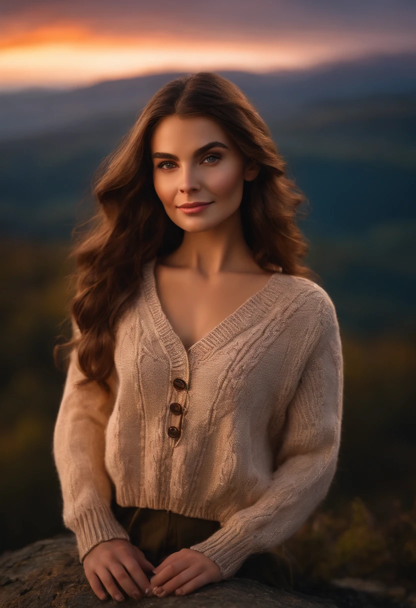 Amelie poses in front of a stunning sunset at the top of a mountain, she's wearing a cozy sweater,original,Amelie is a beautiful fashion model. She has long brown hair and is 5’9 inches tall.