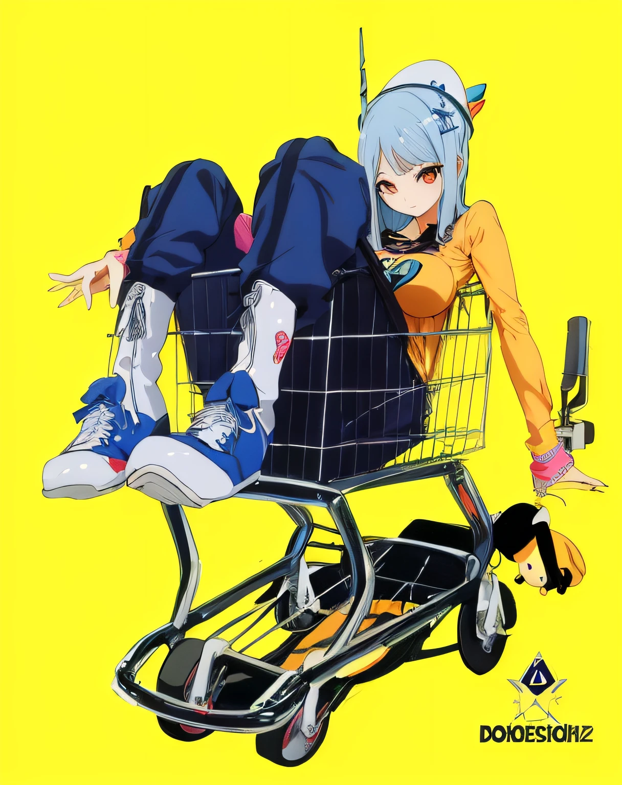 um close de uma pessoa sentada em um carrinho de compras, 2d illustration, 2d illustration, trending on artstration, 2 d estilo anime, Arte Hylics, rossdraw desenho animado vibrante, illustration style, estilo anime moderno, in illustration style digital, Loish |, arte vibrante dos desenhos animados, carrinho de supermercado, Capa de arte 2D, velho senhora cyborg comerciante
