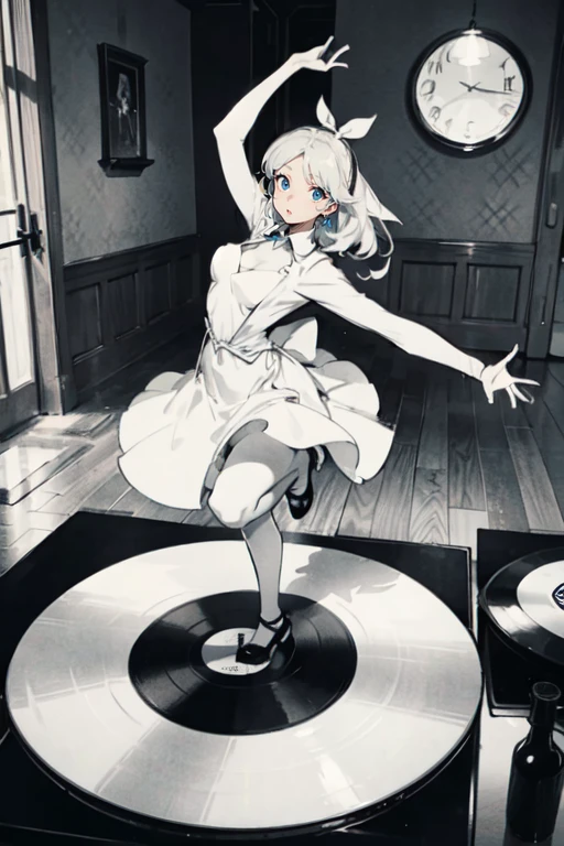 a room、 top-quality, Poses, Correct anatomy, Beautiful body curves, Sketch beech, Daily Draw, vestments, Pencil、black-and-white、monochromes、woman playing a record、Vintage、Wearing a dress