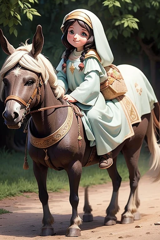 masterpiece, best quality, detailed face, a cartoon of Virgin Mary smiling, riding a donkey, (((full body))).