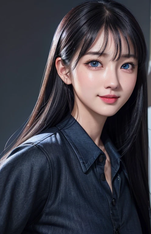 (A hyper-realistic)、(illustratio)、(hight resolution)、(8K)、(ighly detailed)、(Best Illustration)、(beautifully detailed eyes)、(top-quality)、(ultra-detailliert)、(masterpiece)、(wall-paper)、(A detailed face)、独奏、1 girl in、Blue eyes、looking at viewert、fine detailed、A detailed face、in the darkness nigth、deep-shadows、lowkey、pureerosfaceace_v1、A smile、Black straight hair、Black button-up shirt、Dynamic Pose