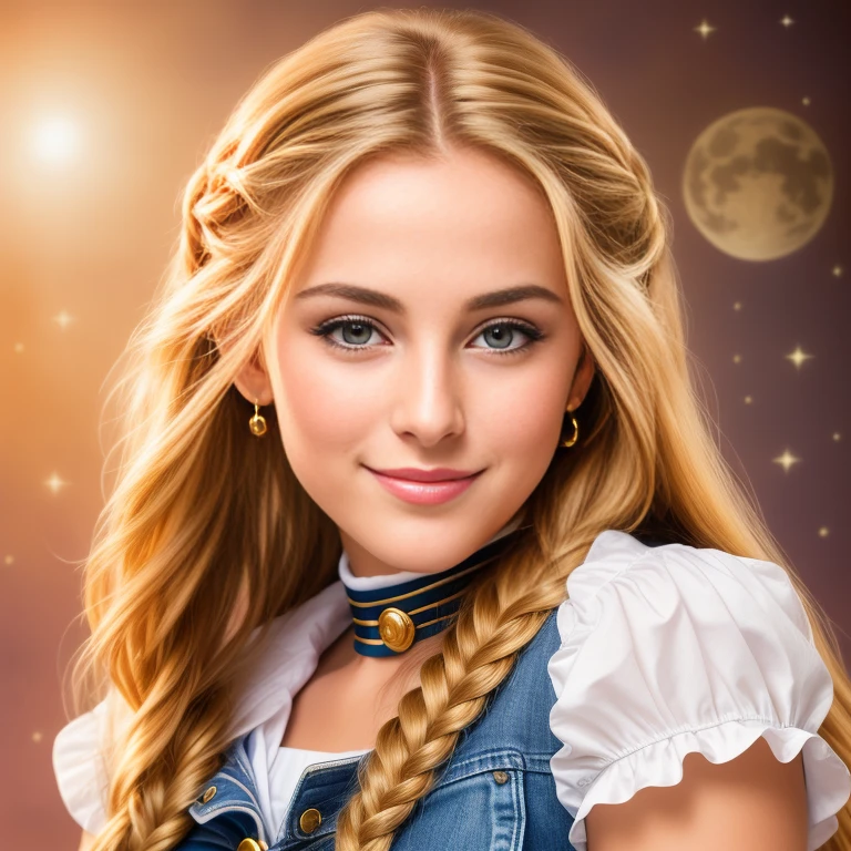 (best quality, RAW photography, extremely detailed, 4k,8k,high res,masterpiece:1.2),ultra-detailed, photorealistic, full body shot,golden bronde hair in braids Mature and beautiful, realistic portrayal:1.2 Sailor Moon smiling posing for a photoshoot, dressed up in jeans. The backdrop is full of moons