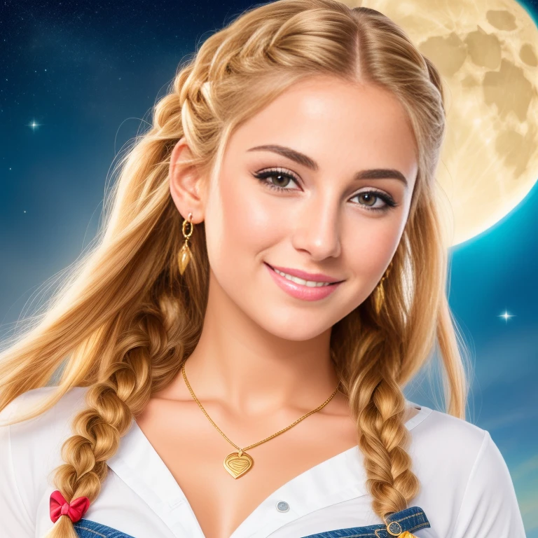 (best quality, RAW photography, extremely detailed, 4k,8k,high res,masterpiece:1.2),ultra-detailed, photorealistic, full body shot,golden bronde hair in braids Mature and beautiful, realistic portrayal:1.2 Sailor Moon smiling posing for a photoshoot, dressed up in jeans. The backdrop is full of moons
