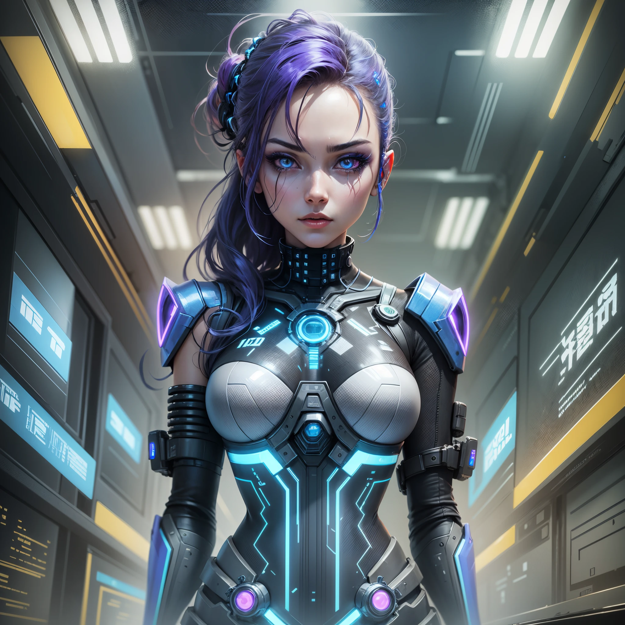 ultra-realistic, cyborg with glowing blue eyes and intricate circuitry, (dynamic pose, floating), high tech laboratory setting with flickering light and holographic displays, (vaporwave aesthetic, cyberpunk feel), (high-resolution, top-quality, 8K wallpaper). --auto --s2