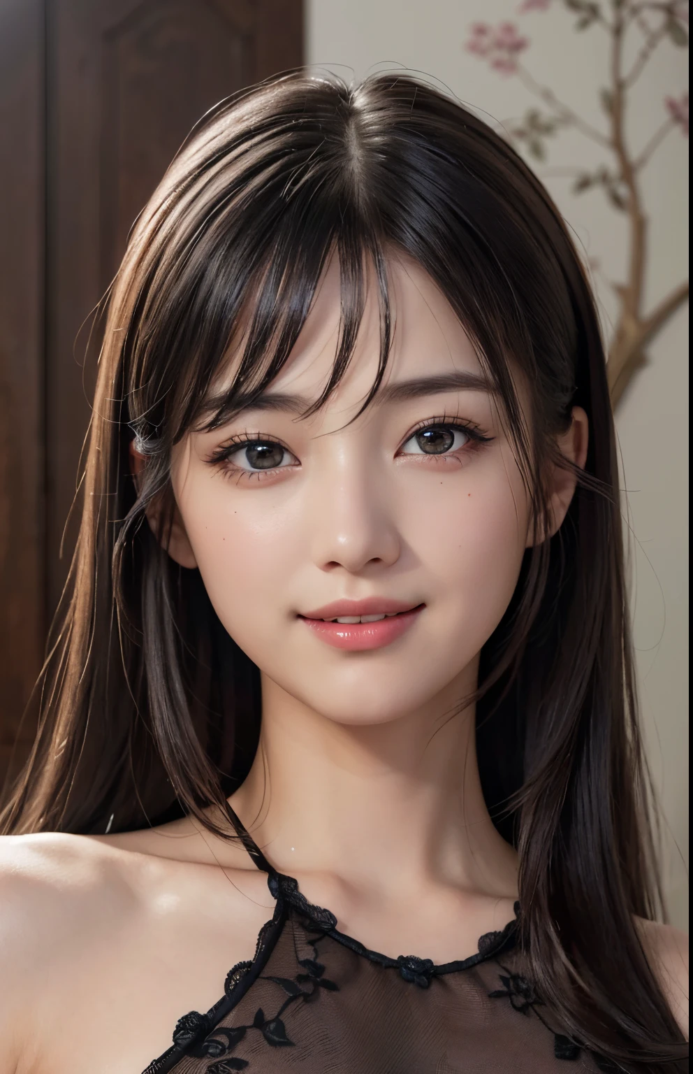 highest quality, realistic, 8K, High resolution, 1 girl, woman, (skin dents), (portrait:0.6), nice, ((white background, naked, small breasts:1.65)), (long black hair, parted bangs:1.4), looking at the viewer, (1 girl eyes looking at the viewer:1.6), realistic, (Bokeh), (closed mouth, smile:1.3), nice, Pueros face_V1:1,