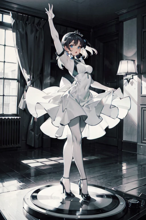a room、 top-quality, Poses, Correct anatomy, Beautiful body curves, Sketch beech, Daily Draw, vestments, Pencil、black-and-white、monochromes、woman playing a record、Vintage、Wearing a dress