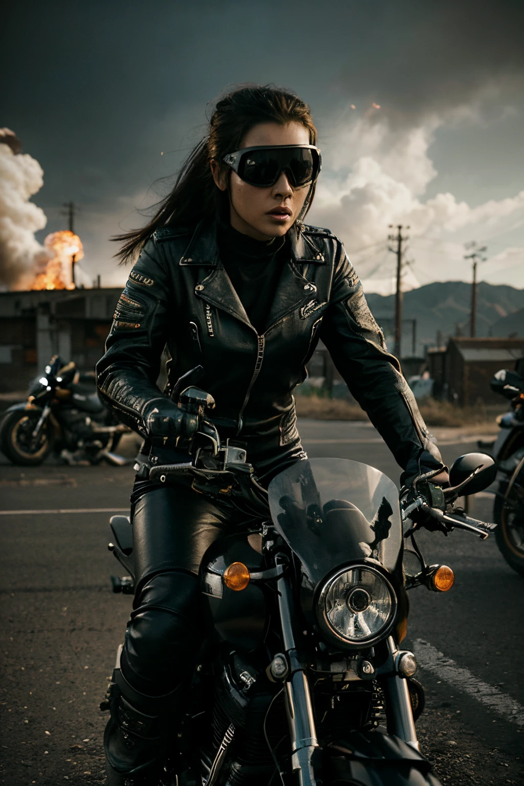woman in black leather outfit riding a motorcycle with goggles on, picture of a female biker, riding a motorcycle, biker, motorcycle, badass look, motorbiker, karol bak uhd, fierce expression 4k, apocalyptic setting, badass filters and effects, apocalyptic vibes, dramatic action photography, riding a futuristic motorcycle, motorcycles, action photography, wojtek fus, on fire