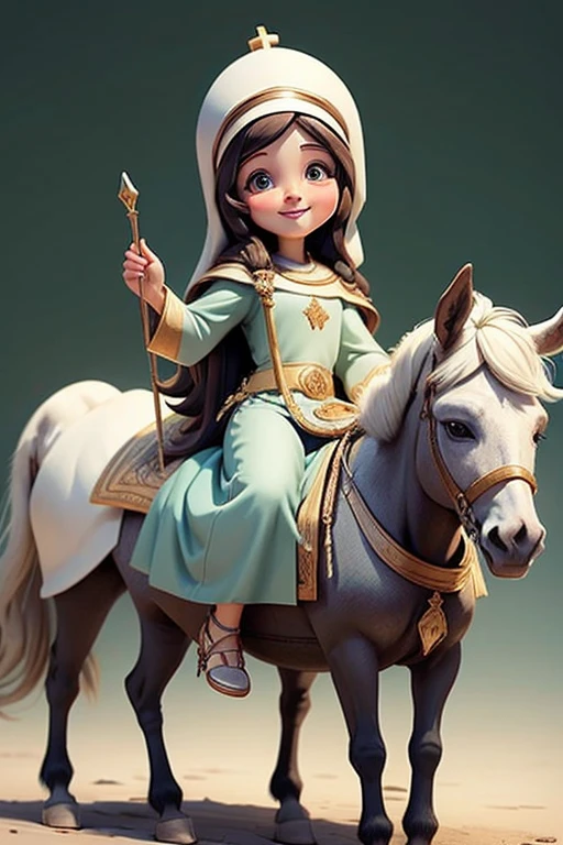 masterpiece, best quality, detailed face, a cartoon of Virgin Mary smiling, riding a donkey, (((full body))).