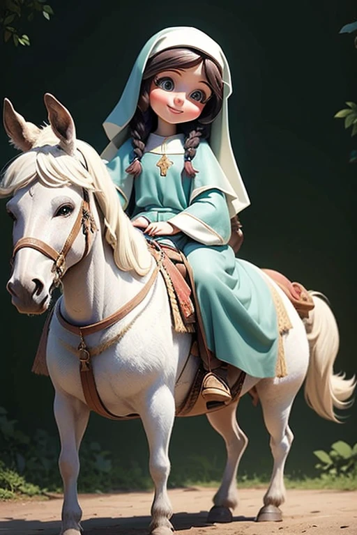 masterpiece, best quality, detailed face, a cartoon of Virgin Mary smiling, riding a donkey, (((full body))).