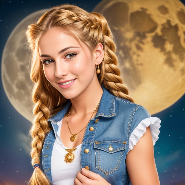 (best quality, RAW photography, extremely detailed, 4k,8k,high res,masterpiece:1.2),ultra-detailed, photorealistic, full body shot,golden bronde hair in braids Mature and beautiful, realistic portrayal:1.2 Sailor Moon smiling posing for a photoshoot, dressed up in jeans. The backdrop is full of moons