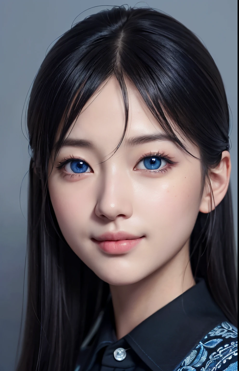 (A hyper-realistic)、(illustratio)、(hight resolution)、(8K)、(ighly detailed)、(Best Illustration)、(beautifully detailed eyes)、(top-quality)、(ultra-detailliert)、(masterpiece)、(wall-paper)、(A detailed face)、独奏、1 girl in、Blue eyes、looking at viewert、fine detailed、A detailed face、in the darkness nigth、deep-shadows、lowkey、pureerosfaceace_v1、A smile、Black straight hair、Black button-up shirt、Dynamic Pose