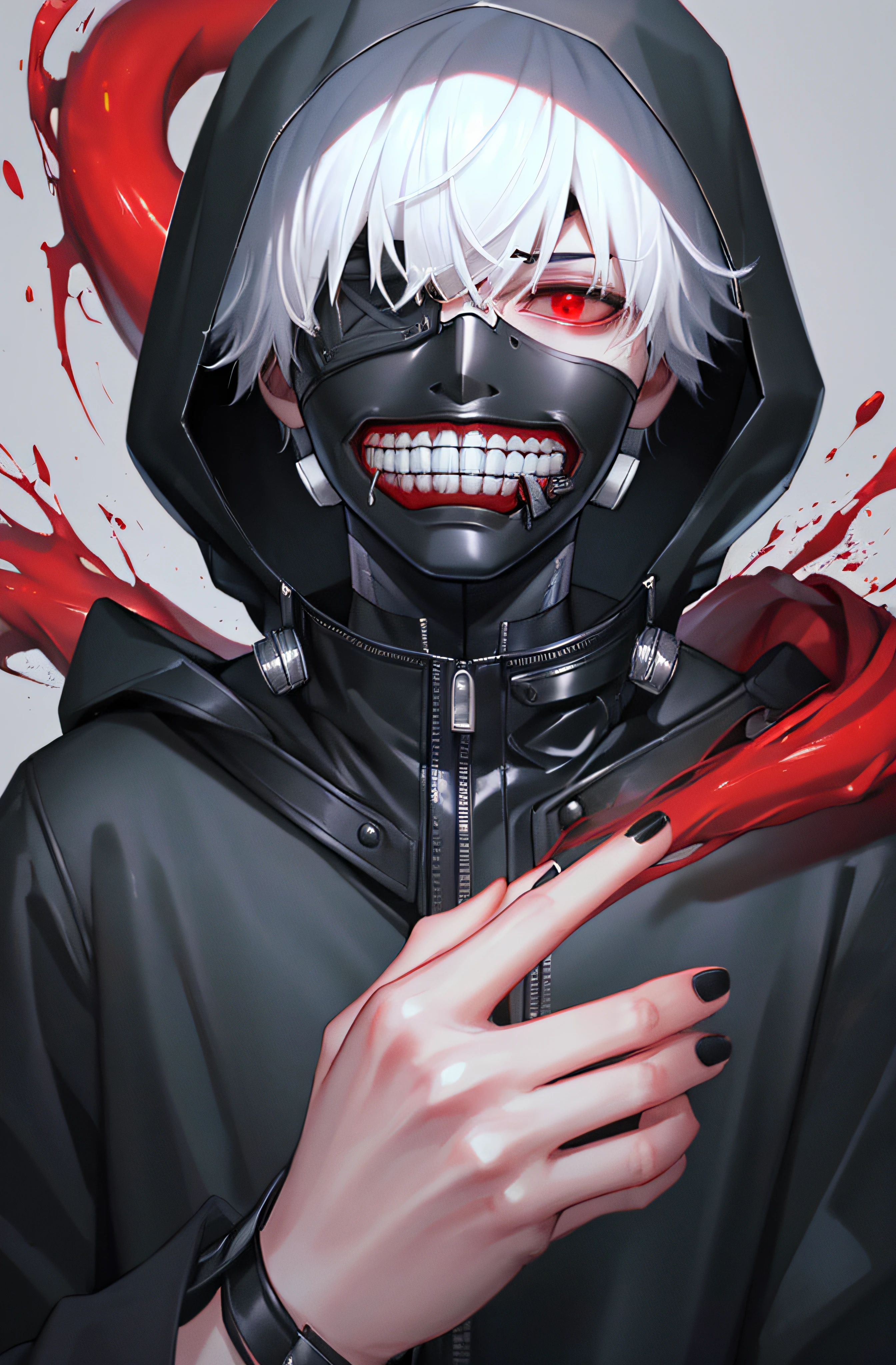 kk, best quality, more details, masterpiece, 1boy, kaneki ken, portrait, close-up,  male focus, red eyes, solo, mask, black nails, bangs, looking at viewer, hood, short hair, black background, hand up, hood up, nail polish, mouth mask, teeth, white hair, black mask, luxurious, 8k, detailed, ray tracing, depth of field, cinematic lighting, blood,