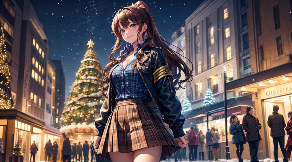 1girl, solo, christmas, ((christmas tree)), street, night, lights, snow, long hair, brown hair, curly hair, ponytail, large full breasts, ((brown leather jacket)), button down shirt, dark blue eyes, ((blue shirt)), ((unbuttoned shirt)), ((long skirt)), smile, ((unbuttoned shirt)), unbuttoning buttons, cleavage 1:3, looking at the viewer, standing, hair ribbon, golden necklate 