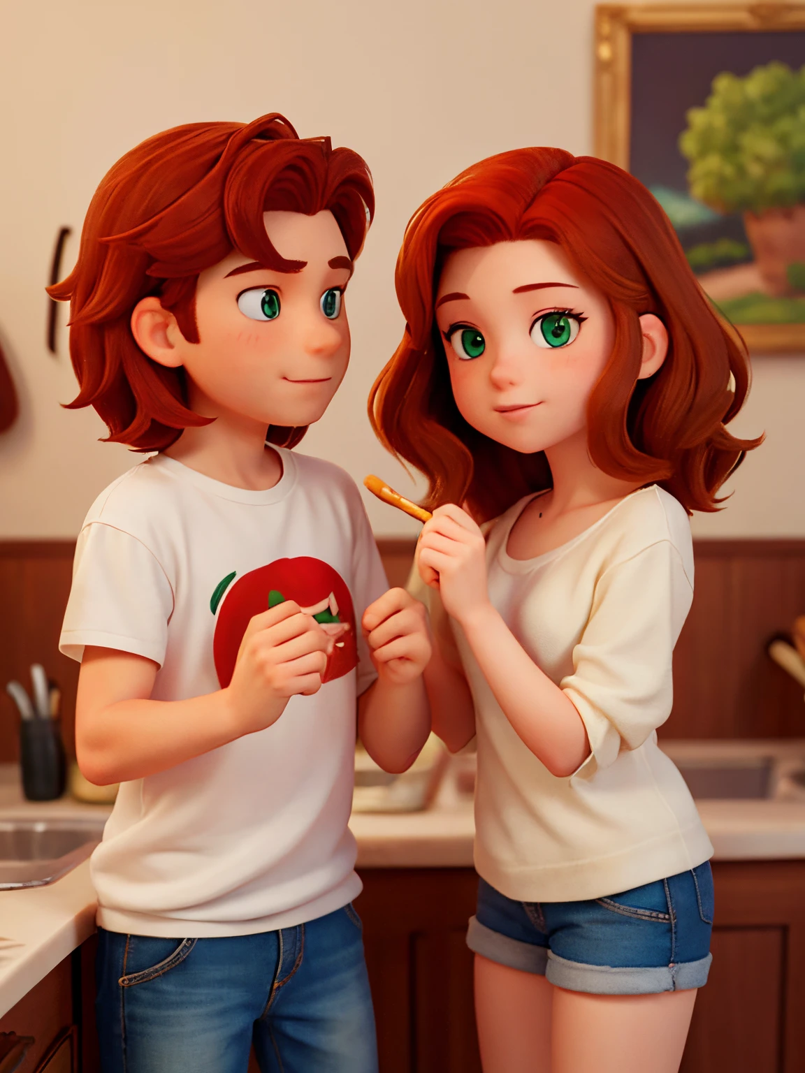 (a couple in love),(boy with red hair and green eyes),(girl with brown hair and hazel eyes),portraits,medium:oil painting,vivid colors,warm tones,soft lighting