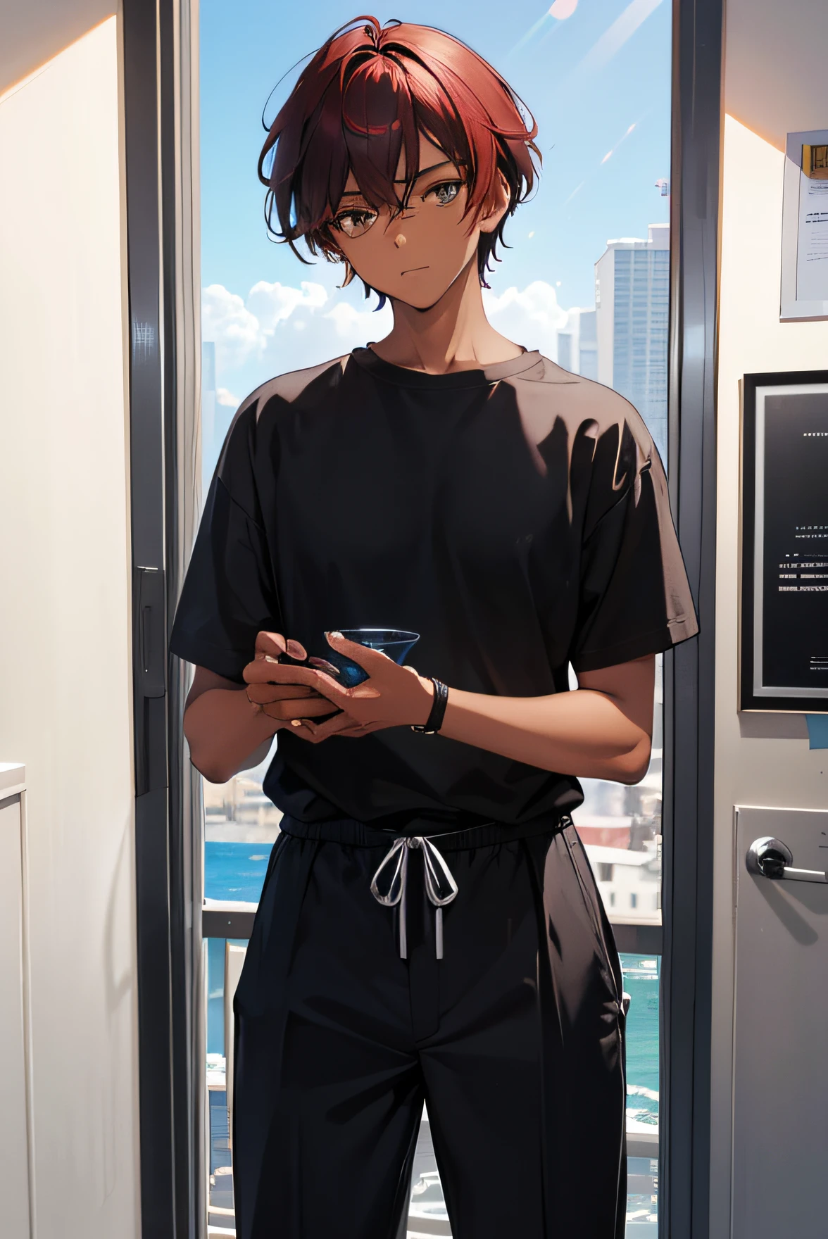 (a man,boy,male:black or dark skin,reddish hair,short:elegant aura) standing by the window,wearing beachwear,lost in thought,looking at the city beyond the window.(best quality,4k,highres:1.2),ultra-detailed,(realistic,photorealistic:1.37),HDR,studio lighting,professional,sharp focus,physics-based rendering,vivid colors.