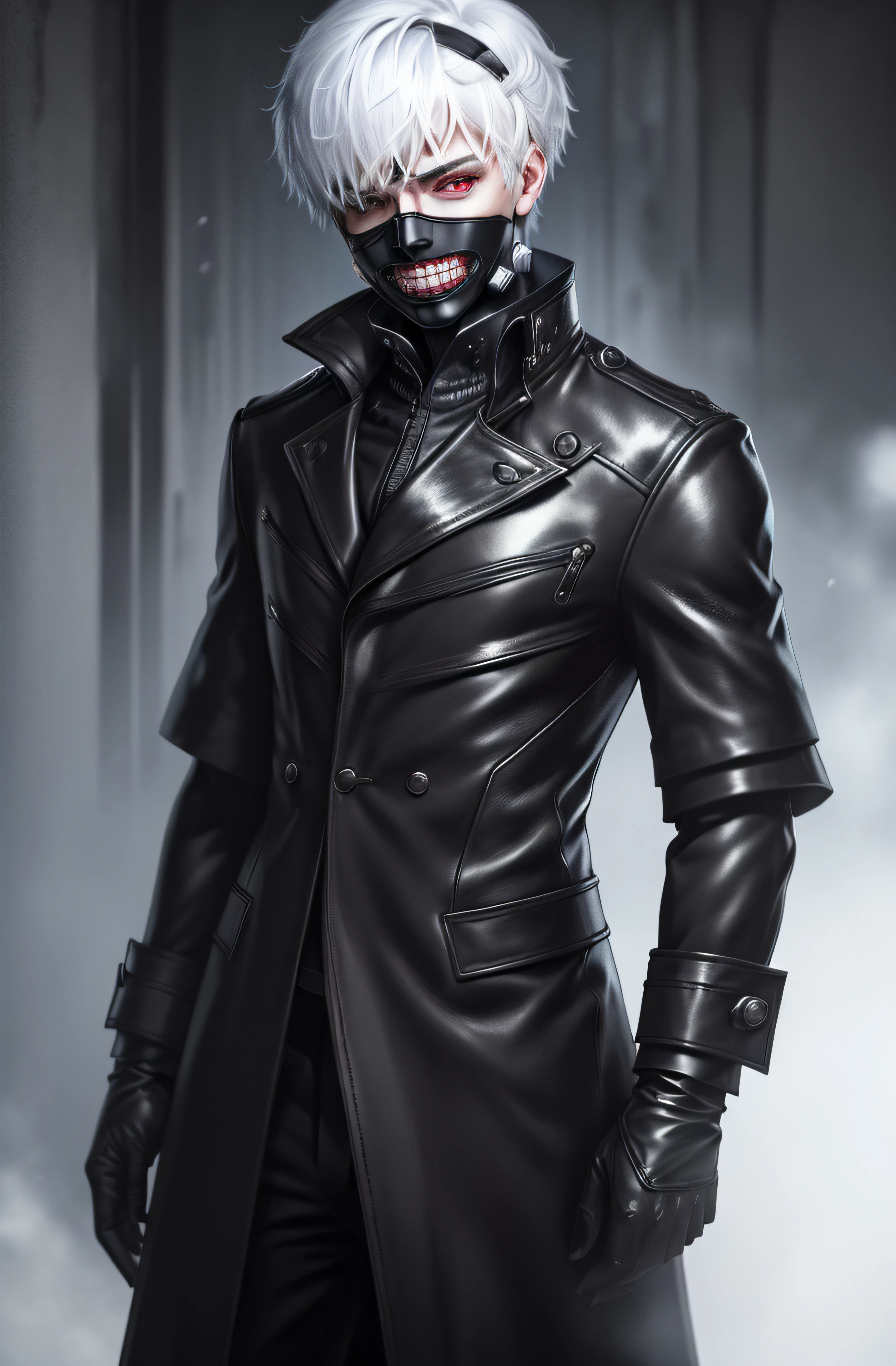 kk, best quality, more details, masterpiece, 1boy, kaneki ken, portrait, close-up, male focus, red eyes, solo, mask, black nails, short hair, black background, hand up, nail polish, teeth, white hair,black winter overcoat black clothing,(photorealistic:1.4), (masterpiece, sidelighting, finely detailed beautiful eyes: 1.2),black leather gloves, full body shot, 8k, detailed, ray tracing, depth of field, cinematic lighting, blood,