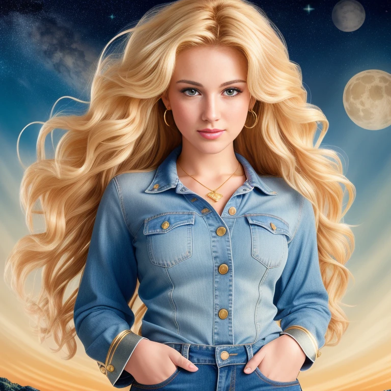 (best quality, RAW photography, extremely detailed, 4k,8k,high res,masterpiece:1.2),ultra-detailed, photorealistic, full body shot,golden bronde wavy hair in braided styles Mature and beautiful, realistic portrayal:1.2 Sailor Moon smiling posing for a photoshoot, dressed up in jeans. The backdrop is full of moons