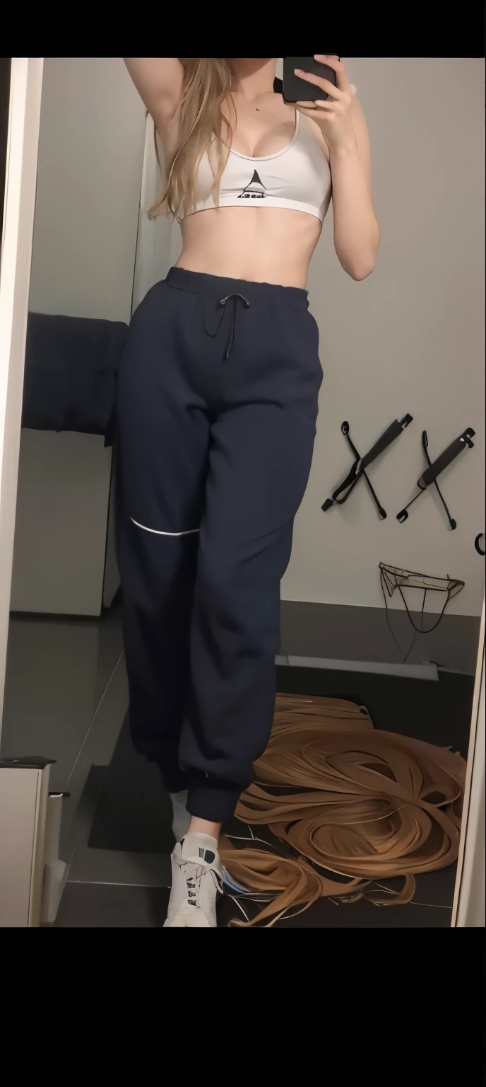 there is a woman that is taking a selfie in the mirror, Vista lejana de cuerpo completo, Alejado del cuerpo completo, Disparo alejado, wearing a track suit, imagen de muy muy muy baja calidad, unknown artstyle, cerca de un flaco, cuerpo completo a la vista, wearing a track suit, low quality footage, low quality video, (SFW) Seguro para el trabajo