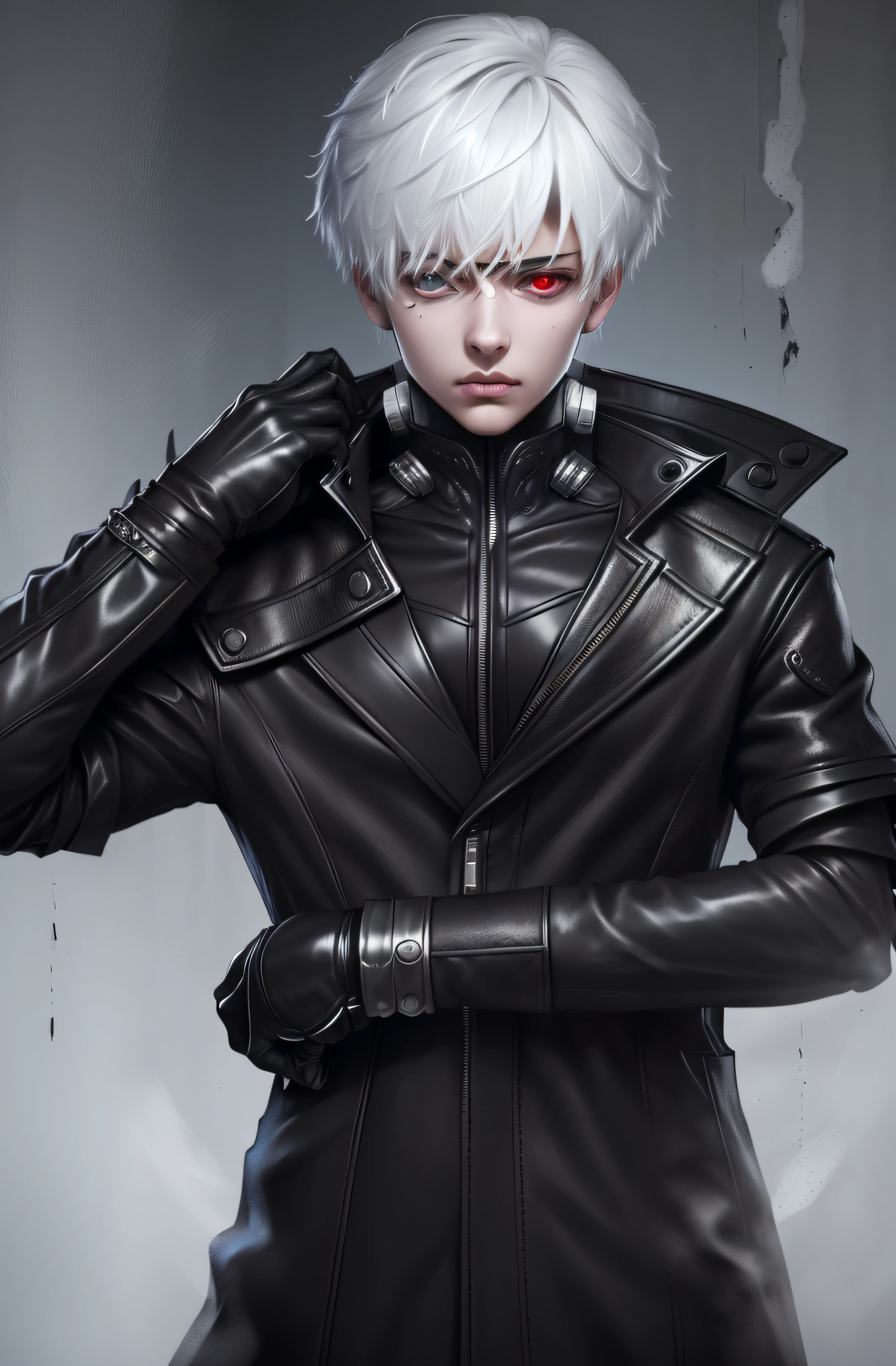 kk, best quality, more details, masterpiece, 1boy, kaneki ken, portrait, close-up,  male focus, red eyes, solo, mask, black nails, short hair, black background, hand up, nail polish,  teeth, white hair,black winter overcoat black clothing,(photorealistic:1.4), (masterpiece, sidelighting, finely detailed beautiful eyes: 1.2),black leather gloves, full body shot, 8k, detailed, ray tracing, depth of field, cinematic lighting, blood,