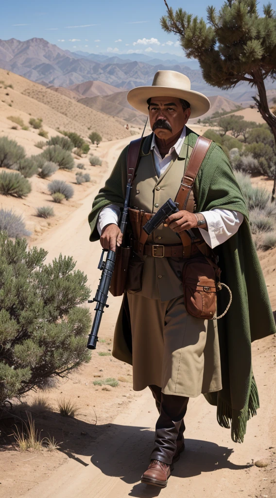 pancho villa, caminando por un valle de California con un rifle al hombro