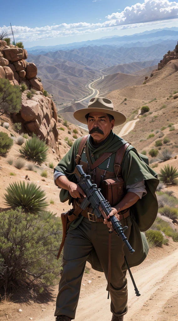 pancho villa, caminando por un valle de California con un rifle al hombro
