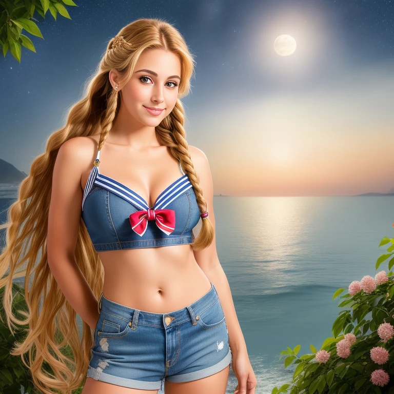 (best quality, RAW photography, extremely detailed, 4k,8k,high res,masterpiece:1.2),ultra-detailed, photorealistic, full body shot,golden bronde hair in braids Mature and beautiful, realistic portrayal:1.2 Sailor Moon smiling posing for a photoshoot, dressed up in jeans. The backdrop is full of moons