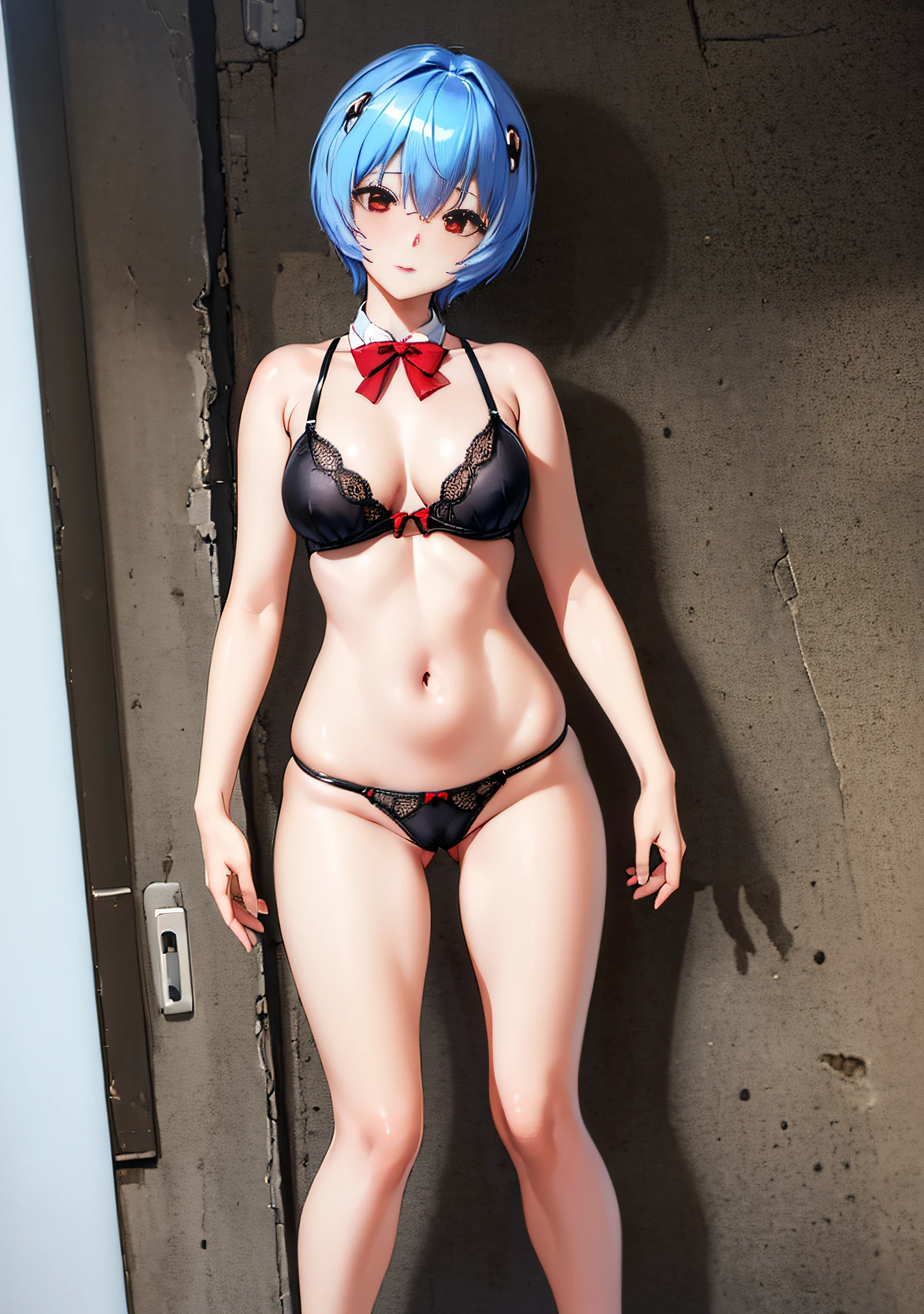(masutepiece),(Best Quality), Rei Ayanami、Red Eyes,hair between eye,headware,Interface headset,Light blue hair,short-cut、bow ribbon、masterpiece、Extremely small underwear、Big breasts、((Smaller head))、1 female、too small underwear、Ruins、Sexy pose with one knee standing、Underwear of very thin fabric、(Raw photography:1.2)、(Photorealsitic:1.4)、A smile、Lace black underwear、Textured skin、extremely detailed eye and face、beatiful detailed eyes、二重まぶた、huge filesize、(Increase the beauty of skin texture:1.1)、hight resolution、highlydetailed skin、top-quality、8k wallpaper、电影灯光、large boob,Seductive underwear、Open legs、The chest is visible、 Spread your crotch、Persistent stare, Sharp eyes, sexy langeries