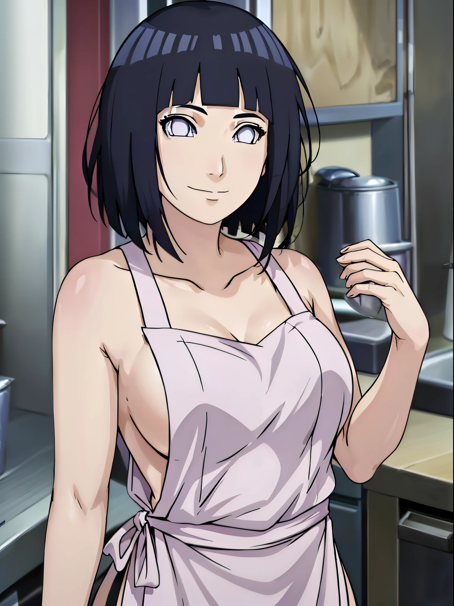 naked wearing white apron only,, ((thick arm, little biceps)), little biceps, flexing arm muscles , anime style, cute , beautiful , nice body, soft body, (hinata\(boruto\), (slender body), mature woman , broad shoulders, off-shoulders, (naked wearing white apron only, bare arms, bare hands), smile, closed mouth, pale skin, , smile, (dark blue hair color:1.1), wavy hair, floating hair, ((very short hair, hime cut), big breasts, (perfect eyes, white sciera, bright eyes, white eyes, anime eyes)
