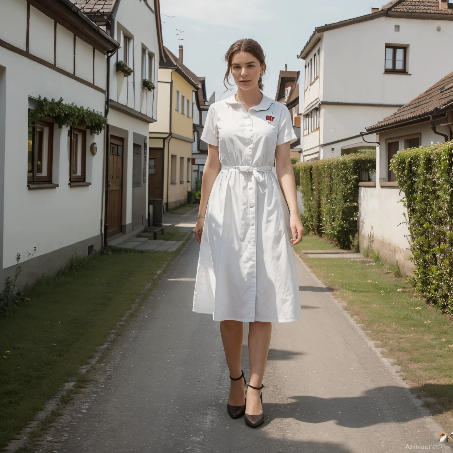 <lyco:epiCRealismHelper:.5>,  Masterpiece,  DLSR, RAW photo, 8k,, photorealistic, realistic,  25 years old, full bodyshot, beautiful face, white  woman , red hair, ponytail,  intricate detail, extreme detail, thin body, petite body,  walking down the street in germany, wearing a summer dress , <lora:KdrKitten-000009:.5>