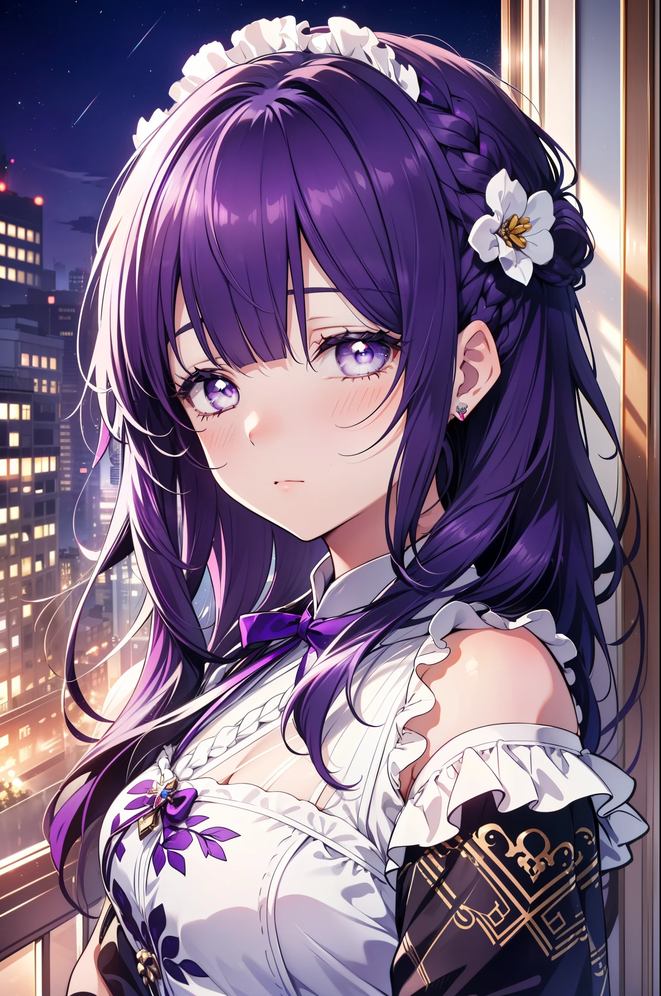 (limited palette), Best Quality, (((masutepiece))), (((beautiful detailed hair))), (((Beautiful detailed skin))), Solo, Little Girl, Younger, Lori, (((Purple hair))), Purple Eyes, (mascara), Blunt bangs, ((hair over eyes)), Long hair, medium breasts, frilled white dress, white frills, Too much decoration, black and purple cheongsam dress, noble, faithfully, Bride's hair, (((Eye focus))), (((deadpan))), the background is blurred, Empty eyes, blank eye, (Purple Theme), Bedroom background, view the viewer, (((hair tucking))), (((Night))), Semi-closed eyes, close-up, (((hair adornments))), erect body, neatly cut bangs, Braided hair on the back of the head