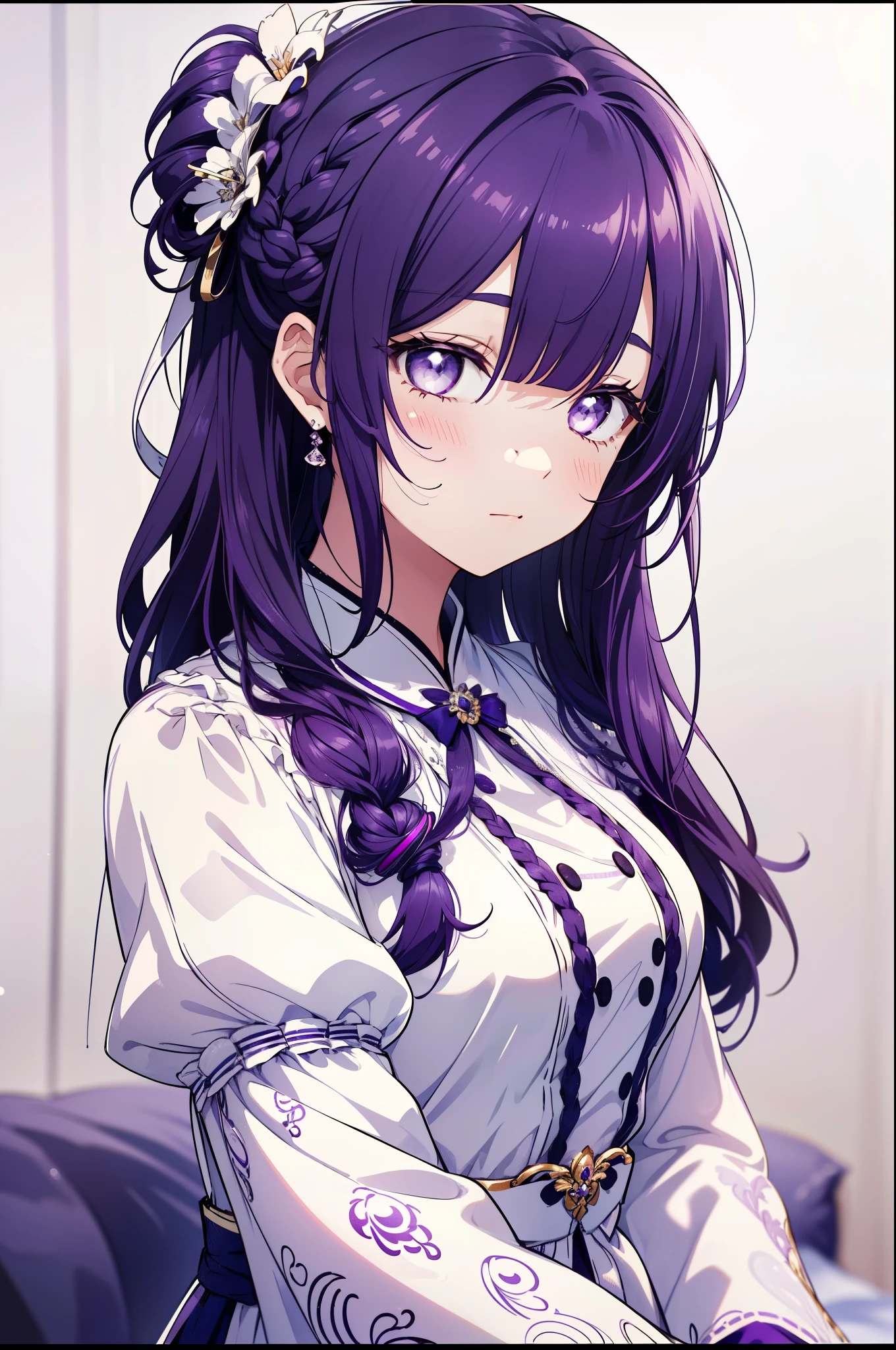 (limited palette), Best Quality, (((masutepiece))), (((beautiful detailed hair))), (((Beautiful detailed skin))), Solo, ***********, Younger, Lori, (((Purple hair))), Purple Eyes, (mascara), Blunt bangs, ((hair over eyes)), Long hair, medium breasts, frilled white dress, white frills, Too much decoration, black and purple cheongsam dress, noble, faithfully, Bride's hair, (((Eye focus))), (((deadpan))), the background is blurred, Empty eyes, blank eye, (Purple Theme), Bedroom background, view the viewer, (((hair tucking))), (((Night))), Semi-closed eyes, close-up, (((hair adornments))), erect body, neatly cut bangs, Braided hair on the back of the head