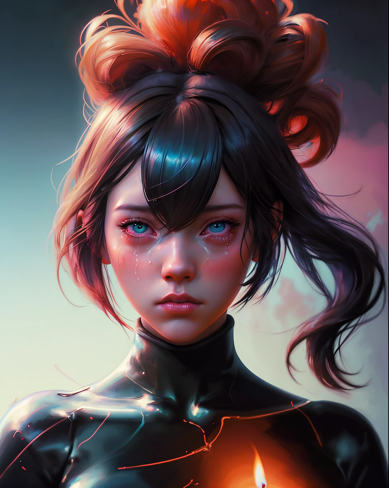 there is a woman with a bunch of candles in her hair, portrait of max caulfield, fires!! hyperrealistic, artwork in the style of guweiz, alex gross, beautiful crying! android woman, diego dayer, loish art style, emotional concept art, inspired by Martine Johanna, digital art ilya kuvshinov, inspired by loish