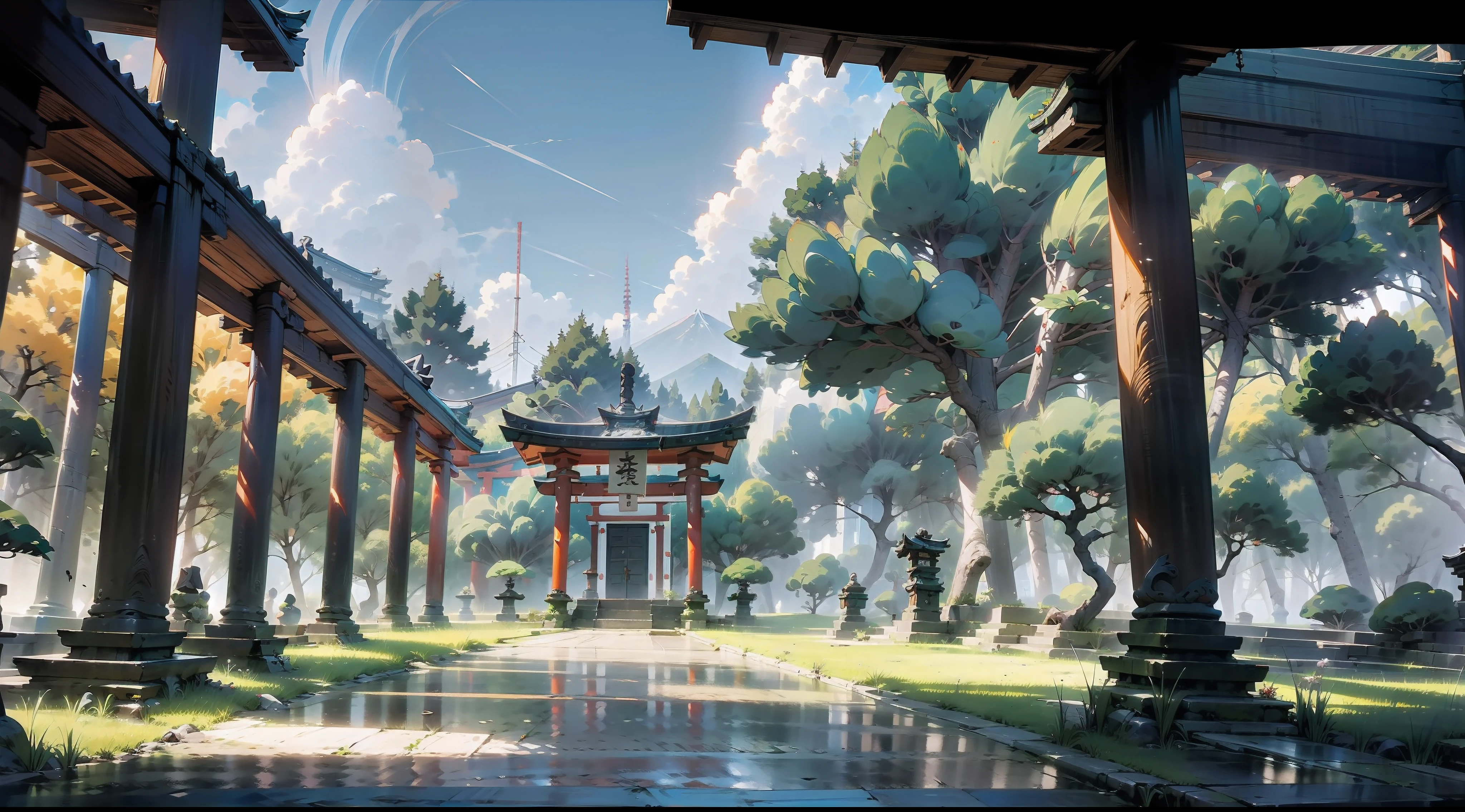 Japanese anime scene design,Ancient shrines,hillside,massive trees,Wisteria flowers,Quiet and elegant atmosphere,Delicate and soft painting style,Cinematic lighting effects,HD picture quality,abundant detail,32K,Very perfect and unified 8K HD wallpaper,OC rendering sculpture