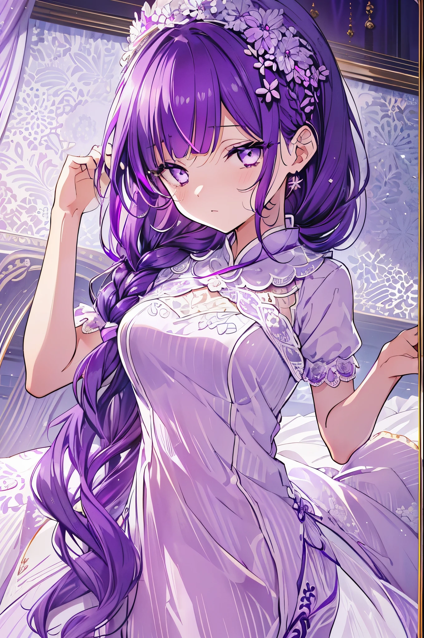 (limited palette), Best Quality, (((masutepiece))), (((beautiful detailed hair))), (((Beautiful detailed skin))), Solo, , Younger, Lori, (((Purple hair))), Purple Eyes, (mascara), Blunt bangs, ((hair over eyes)), Long hair, medium breasts, frilled white dress, white frills, Too much decoration, black and purple cheongsam dress, noble, faithfully, Bride's hair, (((Eye focus))), (((deadpan))), the background is blurred, Empty eyes, blank eye, (Purple Theme), Bedroom background, view the viewer, (((hair tucking))), (((Night))), Semi-closed eyes, close-up, (((hair adornments))), erect body, neatly cut bangs, Braided hair on the back of the head